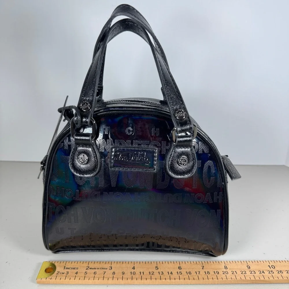 Von Dutch Mini Bowling Bag Black Onyx Reflective Holographic Y2K Satchel Handbag